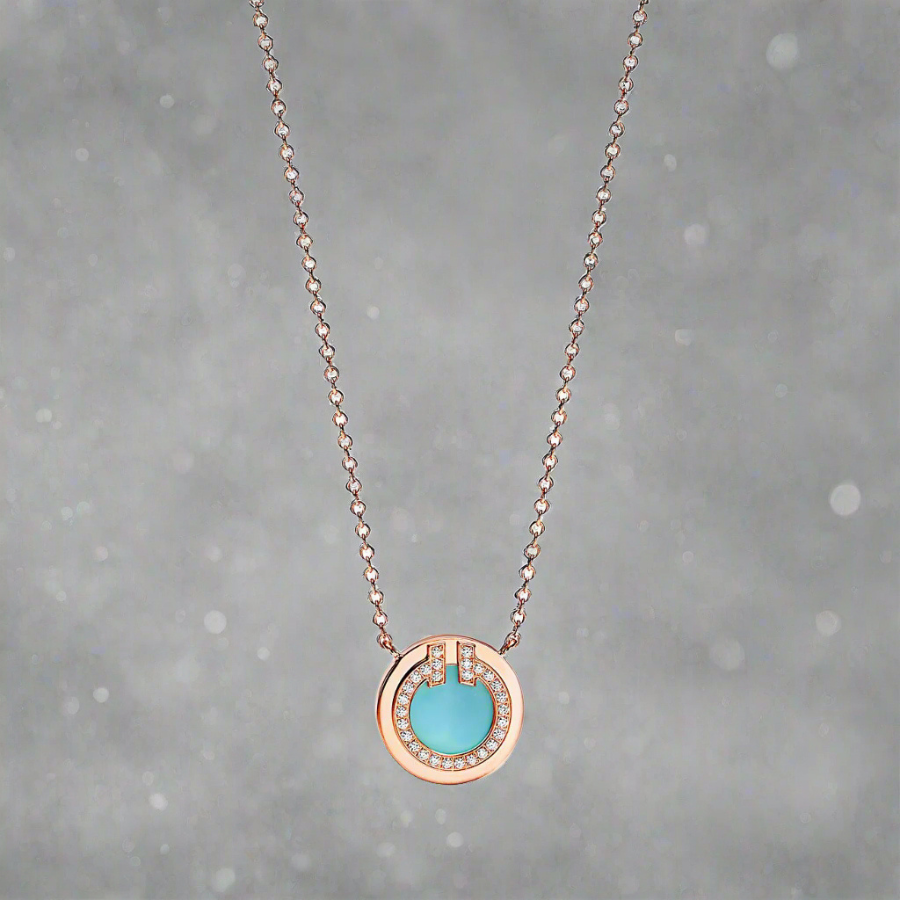 18K T Diamond & Turquoise Circle Pendant Necklace