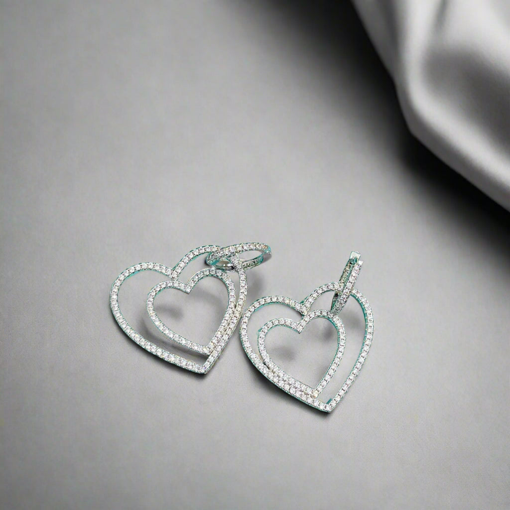 18K T Double Heart Diamond Earrings