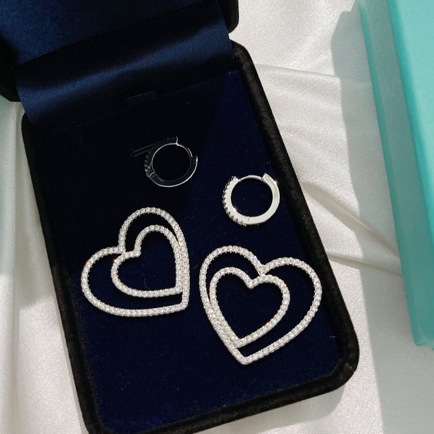 18K T Double Heart Diamond Earrings