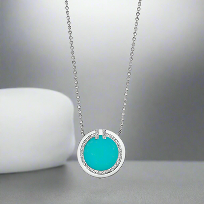 18K T Diamond & Turquoise Circle Pendant Necklace