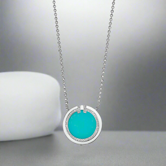 18K T Diamond & Turquoise Circle Pendant Necklace